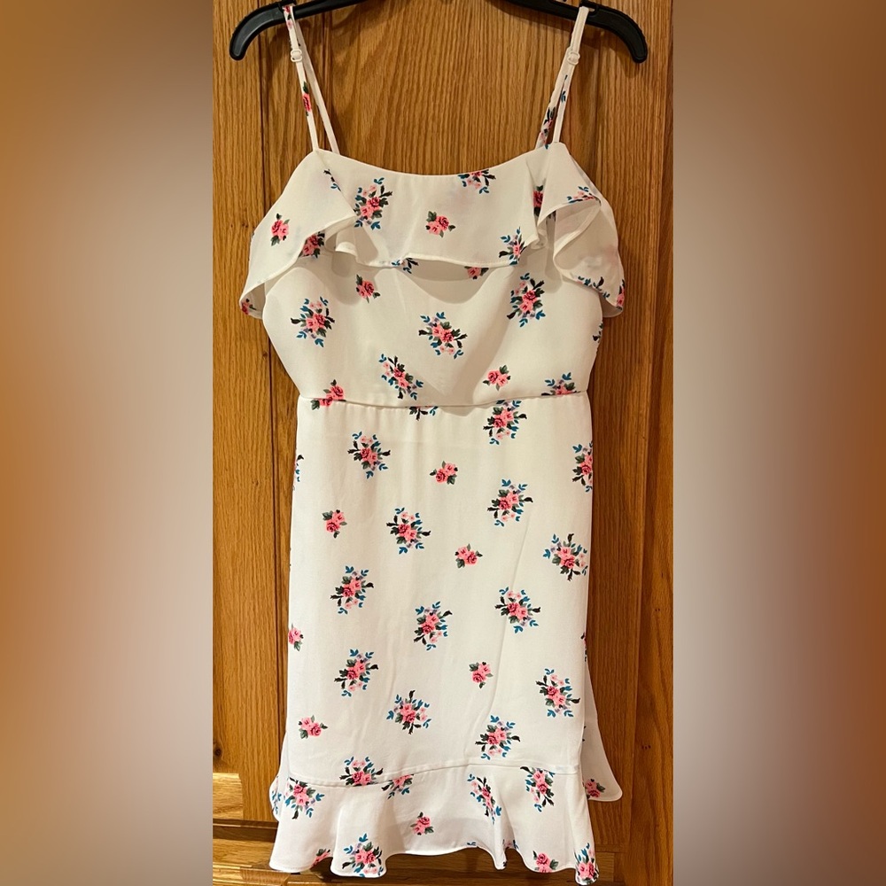 Trixxi White & Pink Floral Print Ruffle Lined Mini Dress‎ Juniors Size Medium